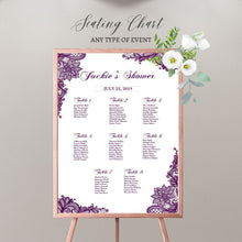 Load image into Gallery viewer, Baby Shower Seating Chart Board, Purple LACE Baby Shower - Printed Seating Chart Guest List Chart Seating Chart Template any color SCW0014
