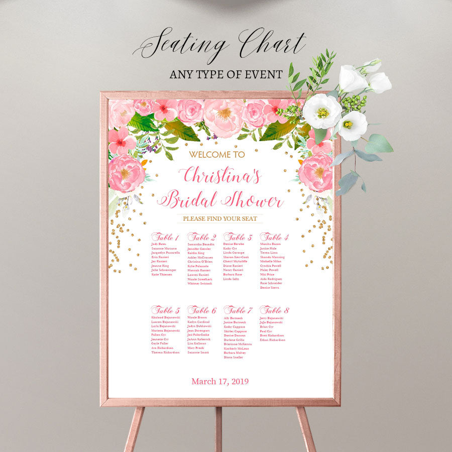 Wedding Seating Chart Board, Floral Pink Gold Confetti, Printed Seating Chart Guest List Seating Chart Template, SCW0020