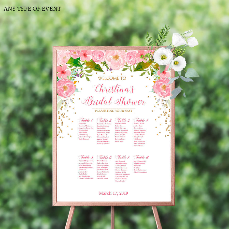 Wedding Seating Chart Board, Floral Pink Gold Confetti, Printed Seating Chart Guest List Seating Chart Template, SCW0020