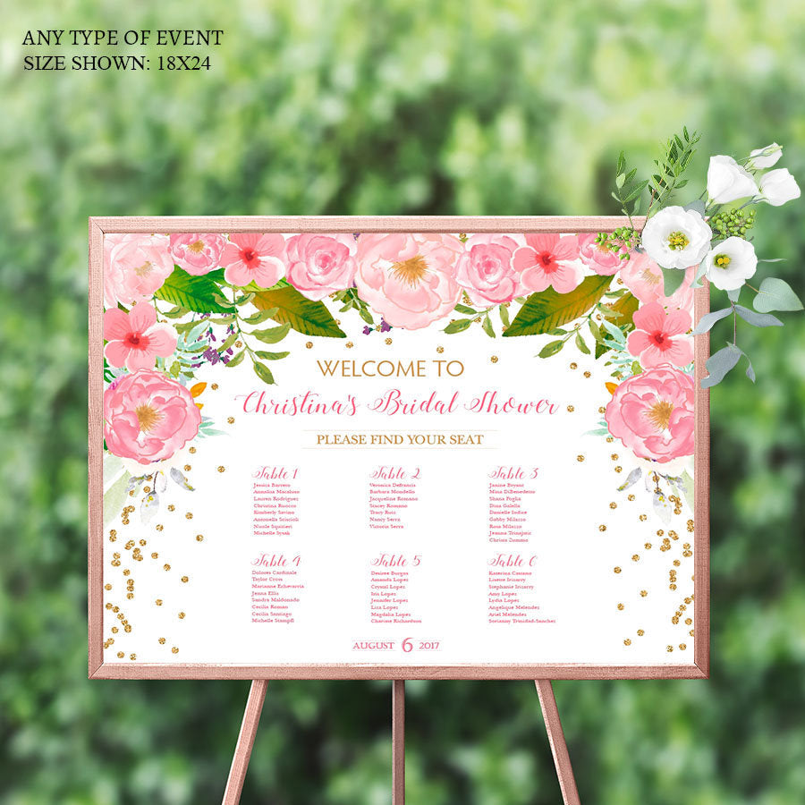 Wedding Seating Chart Board, Floral Pink Gold Confetti, Printed Seating Chart Guest List Seating Chart Template, SCW0020