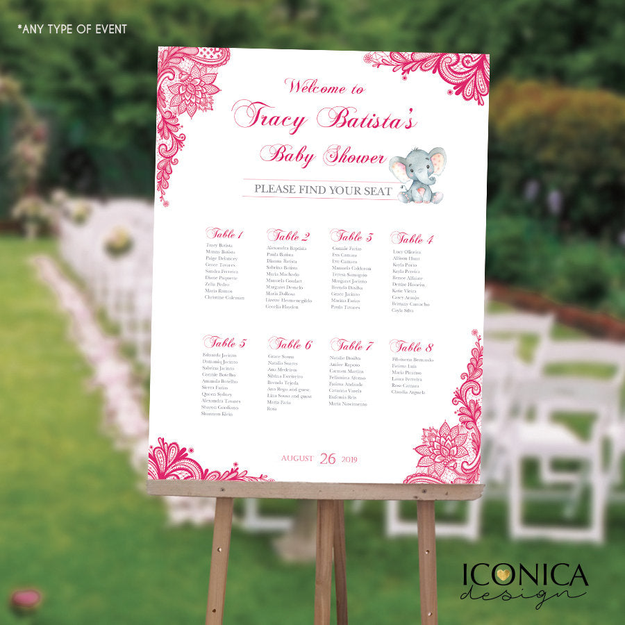 Baby Shower Seating Chart Board, Hot Pink Lace Seating Chart, Guest List Chart, Seating Chart, Pink Lace, PRINTED SCW0018