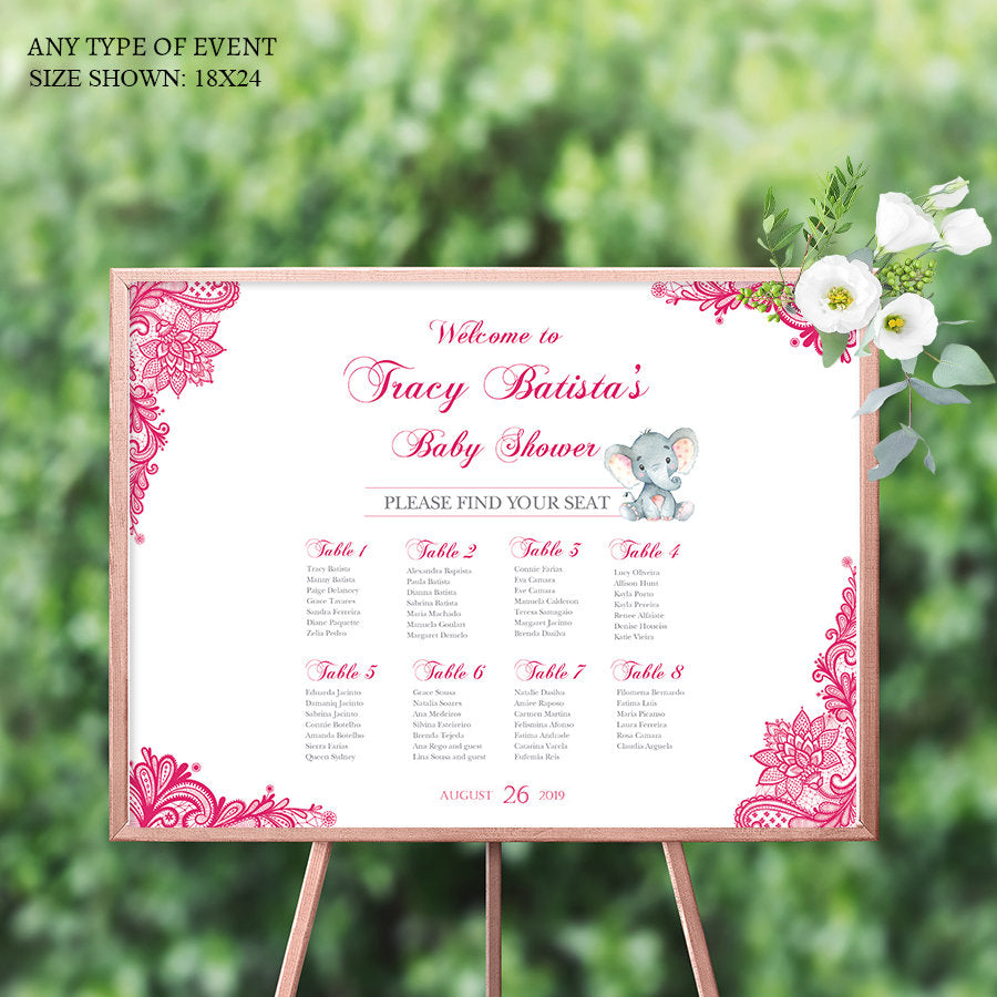Baby Shower Seating Chart Board, Hot Pink Lace Seating Chart, Guest List Chart, Seating Chart, Pink Lace, PRINTED SCW0018