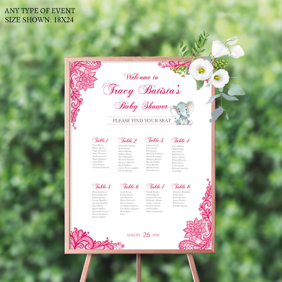 Baby Shower Seating Chart Board, Hot Pink Lace Seating Chart, Guest List Chart, Seating Chart, Pink Lace, PRINTED SCW0018