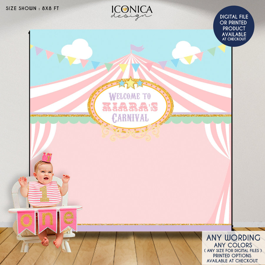 Carousel Party Banner Carnival Banner Girl Pink Circus Party Backdrop Circus First Birthday Banner Pink Gold Mint Bbd0013