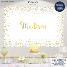 Load image into Gallery viewer, Gold Sparkles Backdrop, any type of event, Gold Party Decor,Gold Dessert Table Banner,Gold Confetti,Printed Or Printable File
