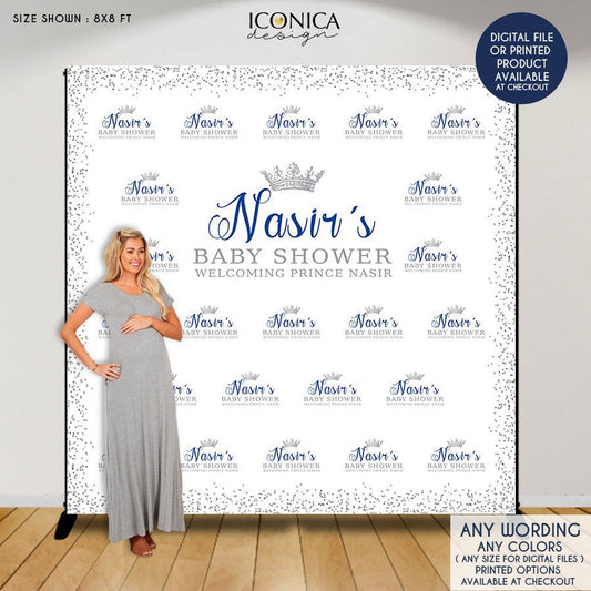 Virtual Baby Shower Baby Shower Backdrop Little Prince, Blue Silver Baby Shower, Royal party Backdrop, Printed or Printable BBS0067