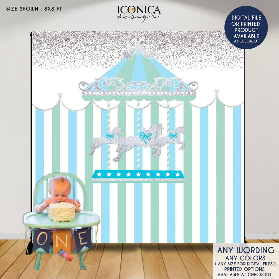 Carousel First Birthday Backdrop, Any age, Carousel Party Decor, Blue Carnival Backdrop, Pastel Colors, Printed BBD0118