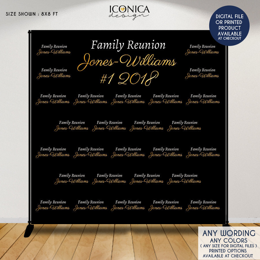 Family Reunion Photo Backdrop, Step and Repeat Backdrop, Burgundy and Gold or any color and wording, Printed BFR0002