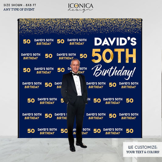Birthday Photo Booth Backdrop, 50th Birthday Party Decor, Blue and Gold backdrop, Milestone Birthday Backdrop, any age or color, Printed BBD0140
