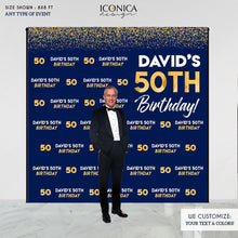 Load image into Gallery viewer, Birthday Photo Booth Backdrop, 50th Birthday Party Decor, Blue and Gold backdrop, Milestone Birthday Backdrop, any age or color, Printed BBD0140
