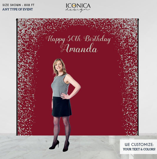 Burgundy Birthday party Decor, 50th Birthday Photo Booth Backdrop, Milestone Birthday Backdrop, Burgundy and Faux Silver backdrop, any age, Printed