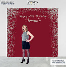 Load image into Gallery viewer, Burgundy Birthday party Decor, 50th Birthday Photo Booth Backdrop, Milestone Birthday Backdrop, Burgundy and Faux Silver backdrop, any age, Printed
