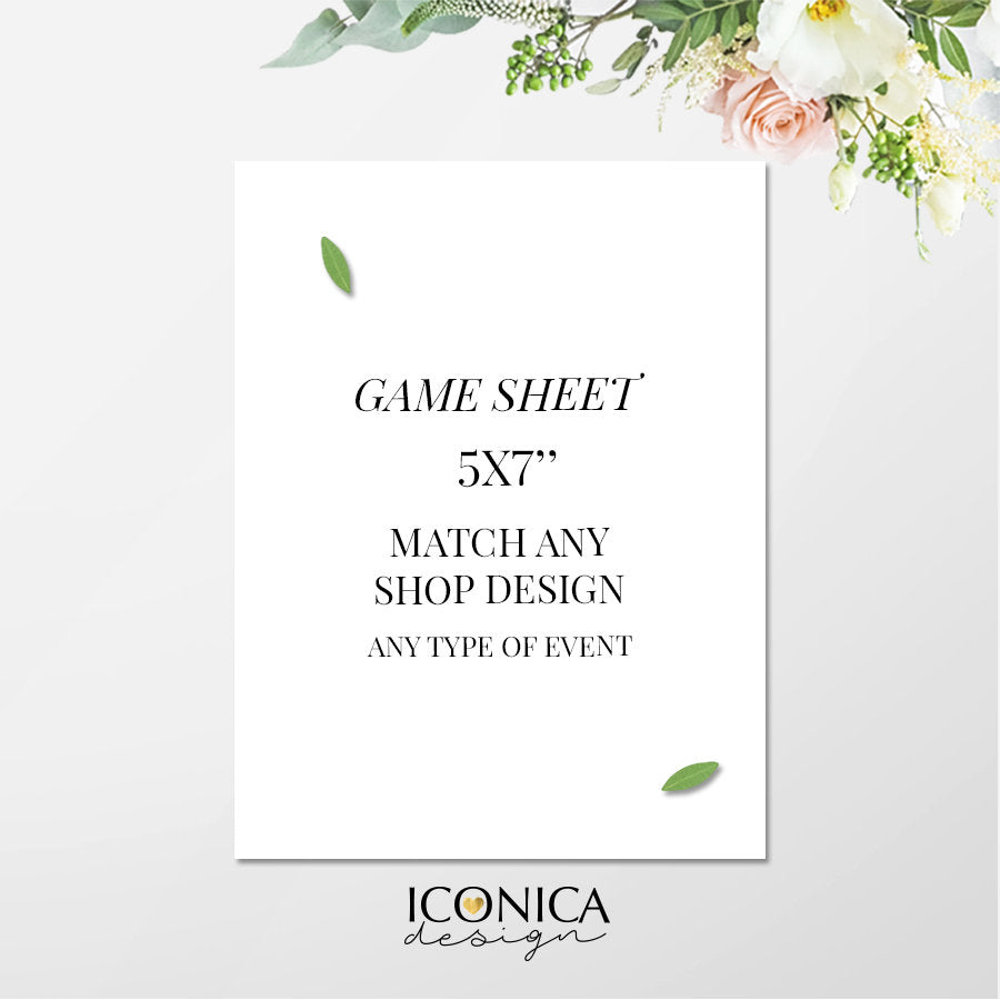 Game Sheet  || A La Carte || Single Party Item Of Any Of Our Party Collections || Made To Match Any Id Invitation