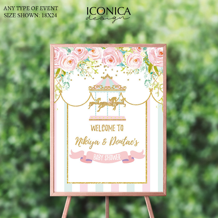 Carousel First Birthday Welcome Sign , Carnival 1st Birthday Sign, Girl Circus First Birthday Sign, Any Age, Printed SWBD004