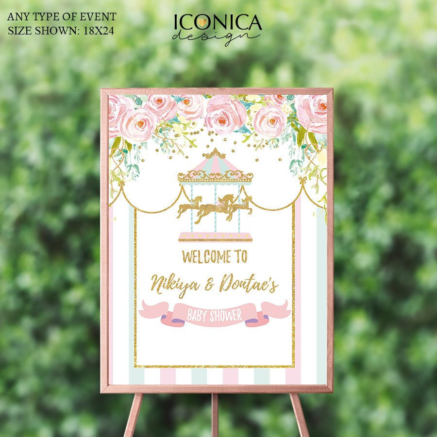 Carousel Welcome Sign , Carousel Baby Shower, Carnival Welcome Sign, Floral Pink, Pastel Colors, Any text, Printed File SWBD004