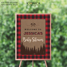 Load image into Gallery viewer, Lumberjack First Birthday Welcome Sign , Buffalo Plaid Sign, Flannel Plaid, Printed
