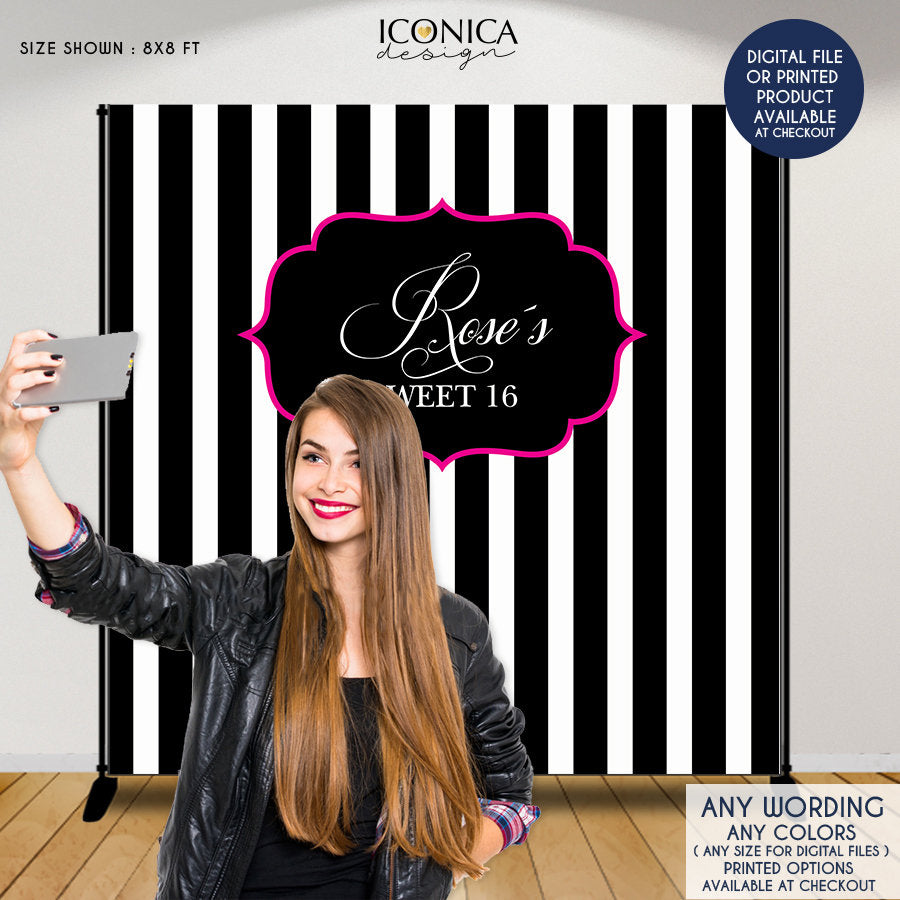 Bridal Shower Party Backdrop, Black and White Stripes Banner - Elegant black and white backdrop, Any Color, Printed BBR0013