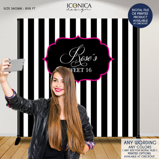 Sweet 16 Party Backdrop, Sweet Sixteen, Black and White Stripes Banner, Step and repeat black and white ,Any Color, Printed BBR0013