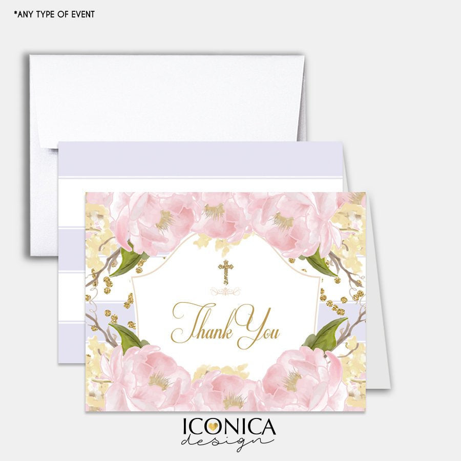Lilac Religious Thank You Cards,set Of 10 A2 Folded, Floral Pink Peonies,Faux Gold Glitter,White A2 Envelopes Included,Printed Cards TCF0007