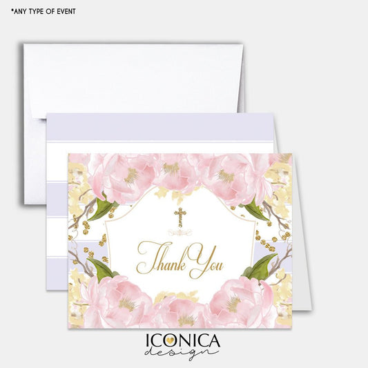 Lilac Religious Thank You Cards,set Of 10 A2 Folded, Floral Pink Peonies,Faux Gold Glitter,White A2 Envelopes Included,Printed Cards TCF0007