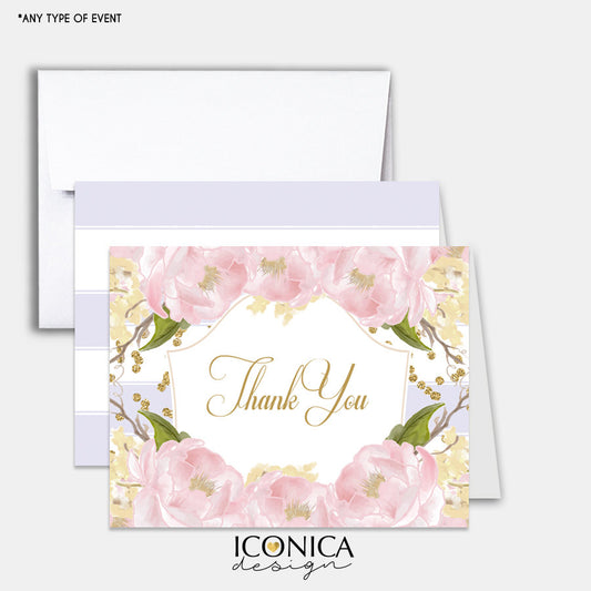 Floral Thank You Cards, Lilac /set Of 10/ A2 Folded / White A2 Envelopes Included / Non Personalized - Printed Cards TCF0007