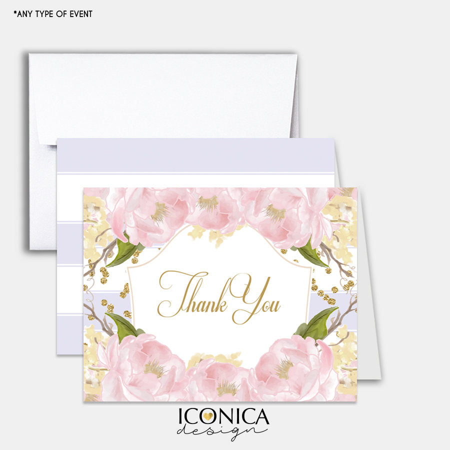 Floral Thank You Cards, Lilac /set Of 10/ A2 Folded / White A2 Envelopes Included / Non Personalized - Printed Cards TCF0007