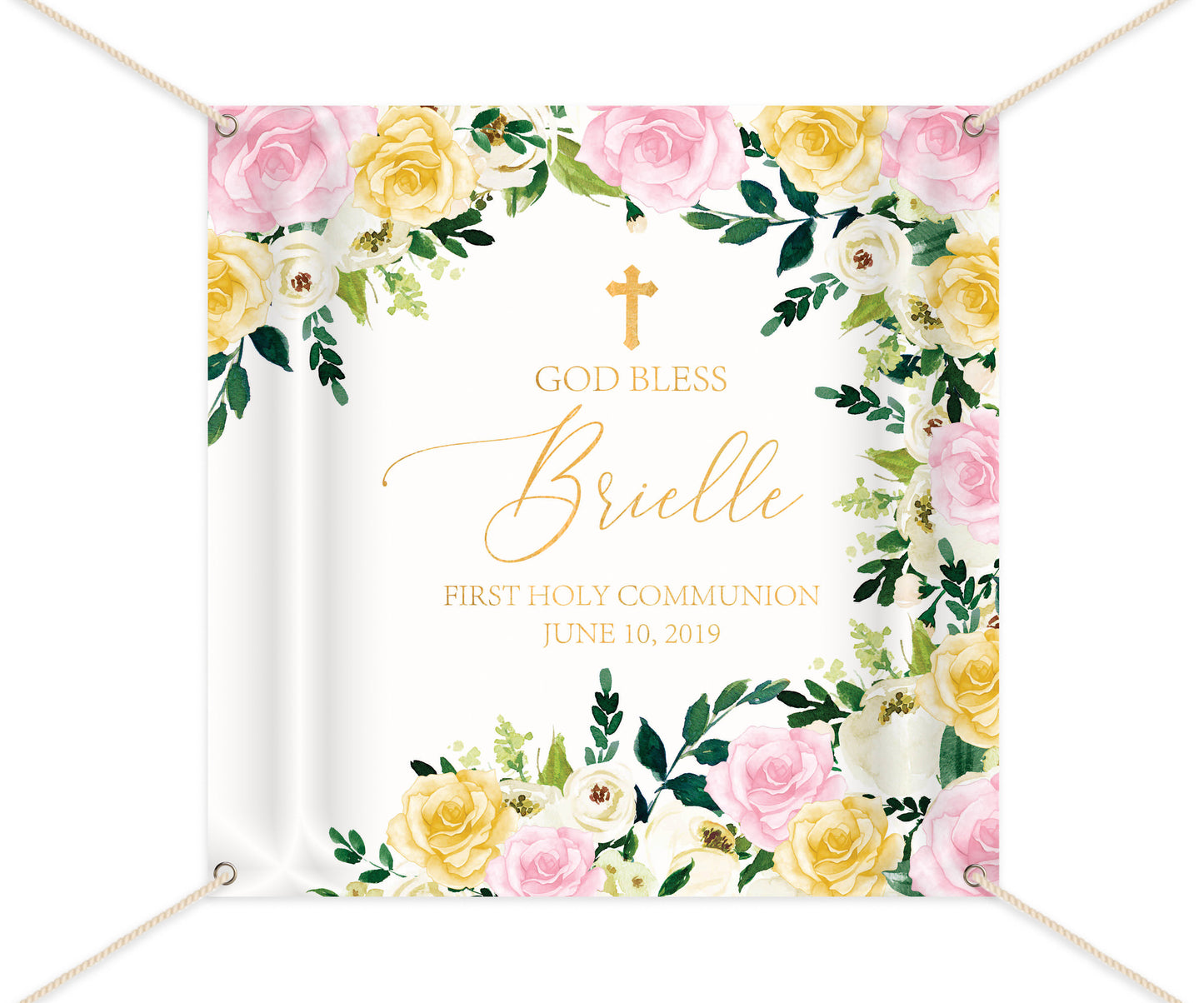 First Communion Party Decor, God Bless Personalized Backdrop, Floral Pink,Gold,Ivory Photo Backdrop,Communion Party Decor, BFC0017