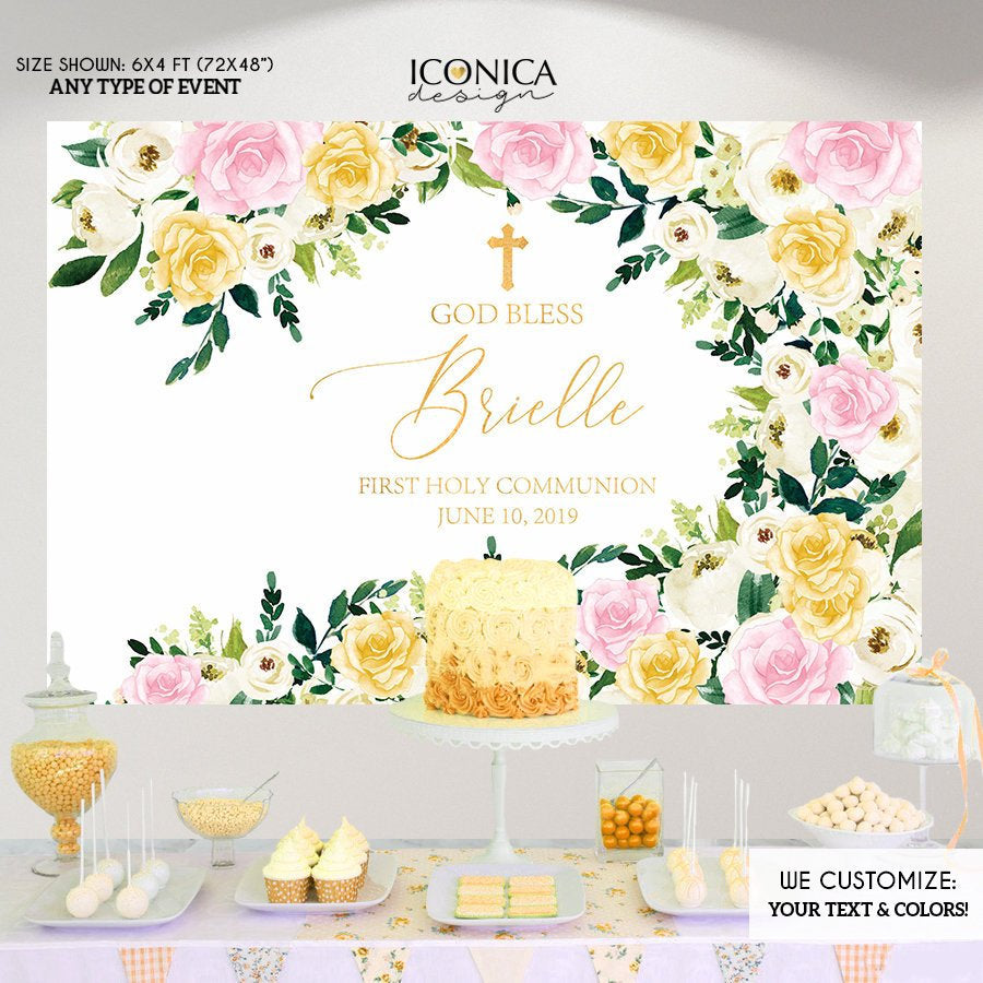 Baptism Party Decor, God Bless Personalized Backdrop, Floral Pink,Gold,Ivory Photo Backdrop,Communion Party Decor