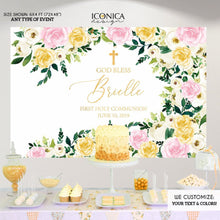 Load image into Gallery viewer, Baptism Party Decor, God Bless Personalized Backdrop, Floral Pink,Gold,Ivory Photo Backdrop,Communion Party Decor
