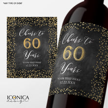 Load image into Gallery viewer, 50th Birthday Party Favors, Any Age, Custom Beverage Labels, Bottle wrappers, personalized beer or wine labels, gold and chalky design
