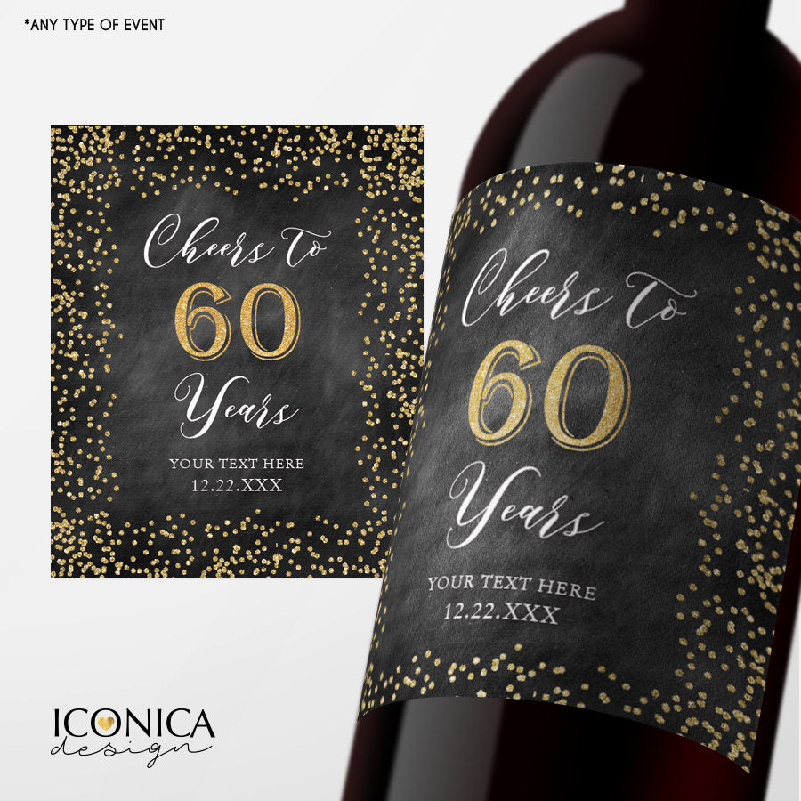 60th Birthday Wine Label Personalized Any Age Milestone Birthday Beverage Labels Beer or Champagne labels Wedding Champagne Label Retirement