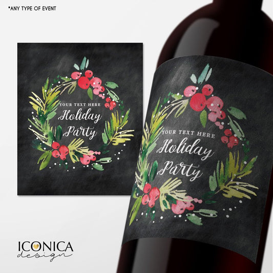 Custom Wine Labels, Champagne Labels,Holiday party Bottle wrappers,personalized beer or wine labels,Festive Wreath,Adult Party Favors WL0001