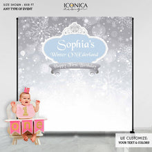 Load image into Gallery viewer, Winter ONEderland Backdrop, Winter Wonderland Party Decor, Snowflakes, Winter Princess, Printed
