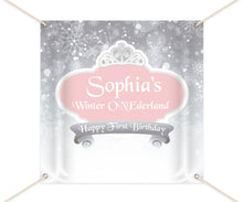 Load image into Gallery viewer, Winter ONEderland Backdrop, Winter Wonderland Party Decor, Snowflakes, Winter Princess, Printed BBD0147
