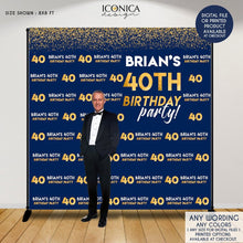 Load image into Gallery viewer, Birthday Photo Booth Backdrop, 40th Birthday Party Decor, Milestone Birthday Backdrop ,Blue and Gold backdrop, any age or color, Printed BBD0140

