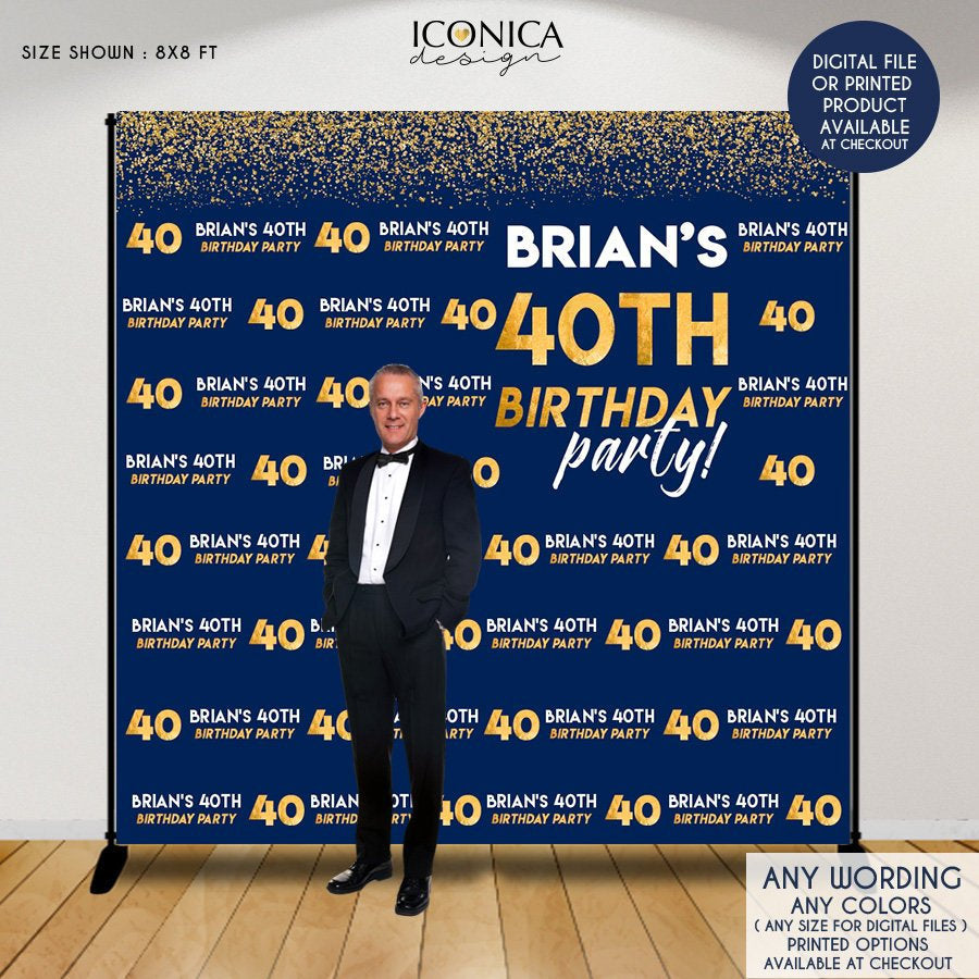 Birthday Photo Booth Backdrop, 40th Birthday Party Decor, Milestone Birthday Backdrop ,Blue and Gold backdrop, any age or color, Printed BBD0140
