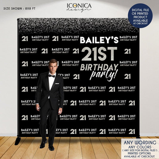 Birthday Photo Booth Backdrop, 21th Birthday Party Decor, Black and Silver backdrop, any age or color, Printed or Printable File BBD0143