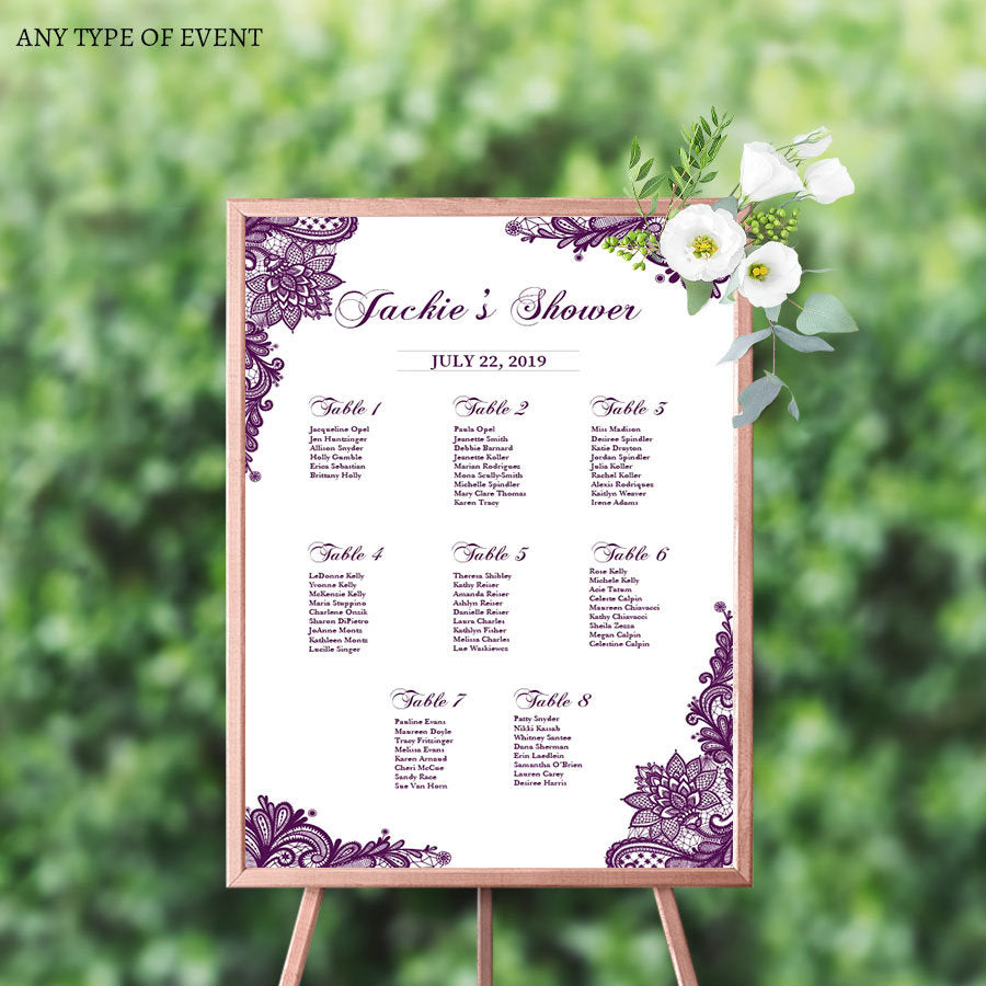 Baby Shower Seating Chart Board, Purple LACE Baby Shower - Printed Seating Chart Guest List Chart Seating Chart Template any color SCW0014
