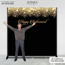 Load image into Gallery viewer, Retirement Photo Booth Backdrop, Happy Virtual Retirement Banner, Step And Repeat Backdrop, Black and Gold Backdrop, Printed Or Digital
