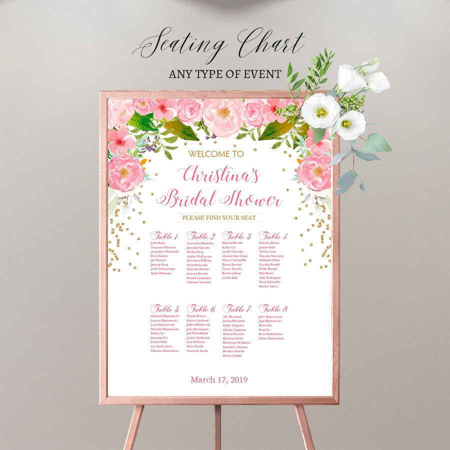 Bridal Shower Seating Chart Board, Floral Pink Gold Decor, Printed Seating Chart Guest List Seating Chart Template, SCW0020