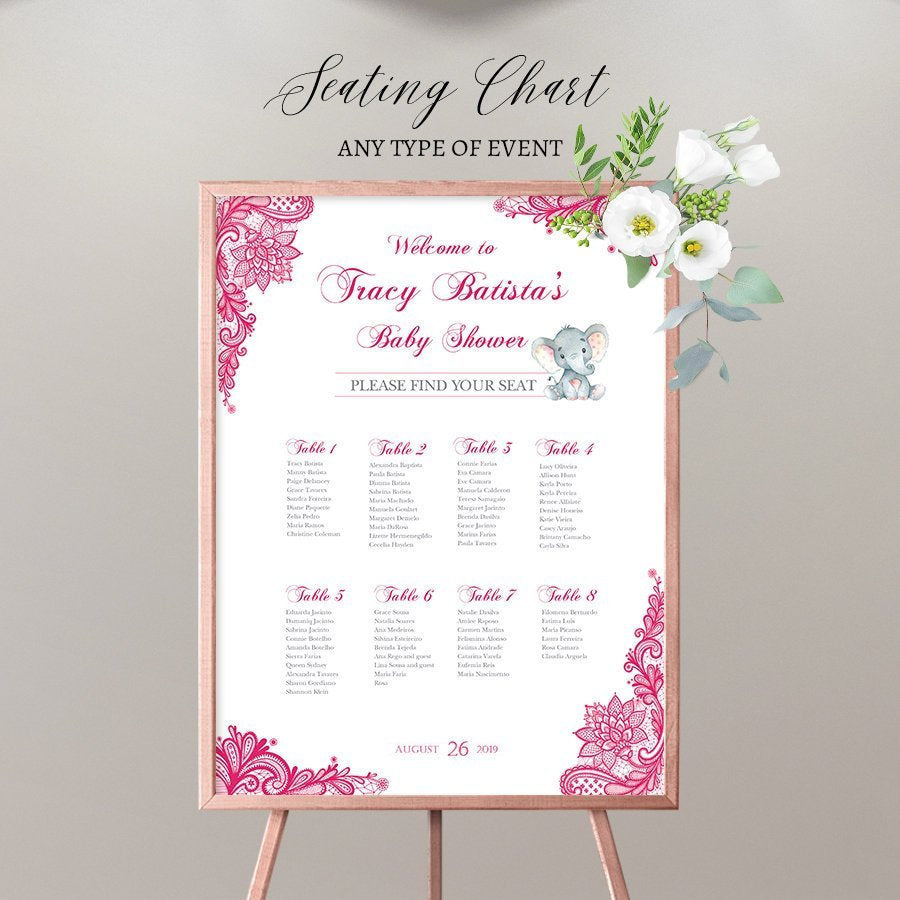 Baby Shower Seating Chart Board, Hot Pink Lace Seating Chart, Guest List Chart, Seating Chart, Pink Lace, PRINTED SCW0018