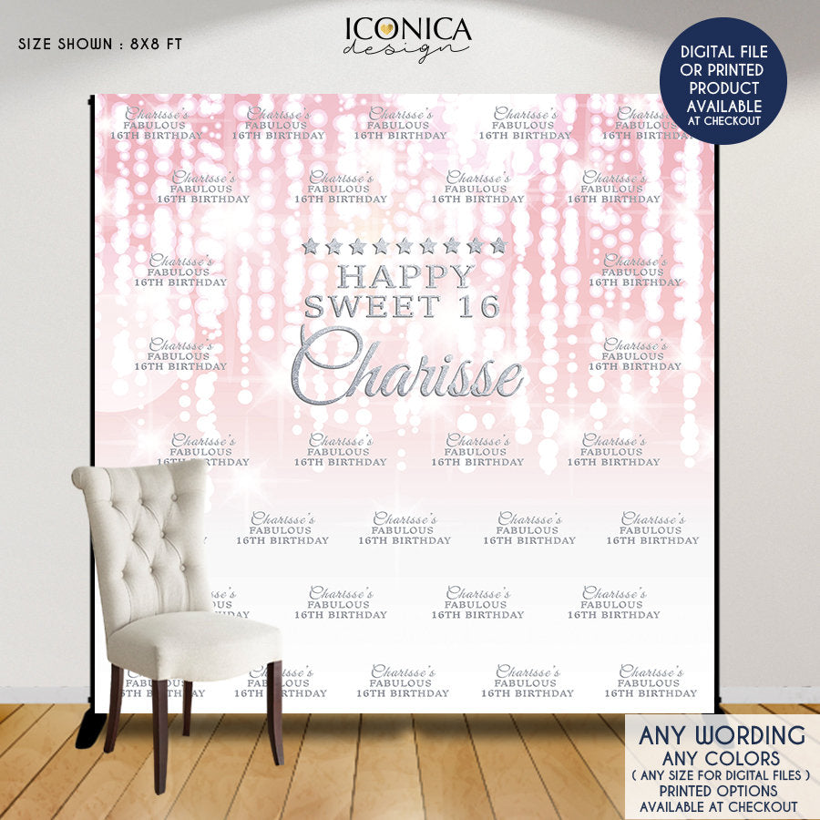 Sweet Sixteen Photo Booth Backdrop, Princess Backdrop, Pink Bokeh Custom Step and Repeat banner,any age-wording, Printed BSS0002