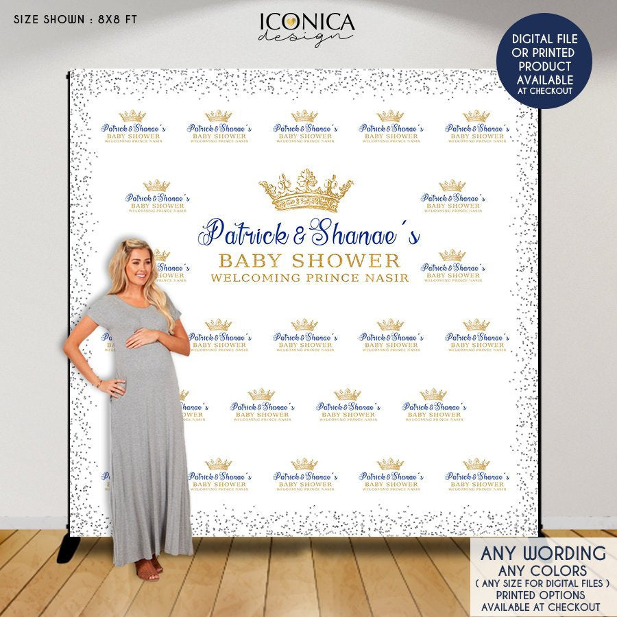 Virtual Baby Shower Baby Shower Backdrop Little Prince, Blue Silver Baby Shower, Royal party Backdrop, Printed or Printable BBS0067