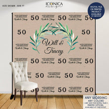 Load image into Gallery viewer, Rustic Birthday Decor, 50th Birthday Backdrop, Greenery and Kraft, Milestone Birthday Backdrop , Step And Repeat Backdrop, any event, Printed
