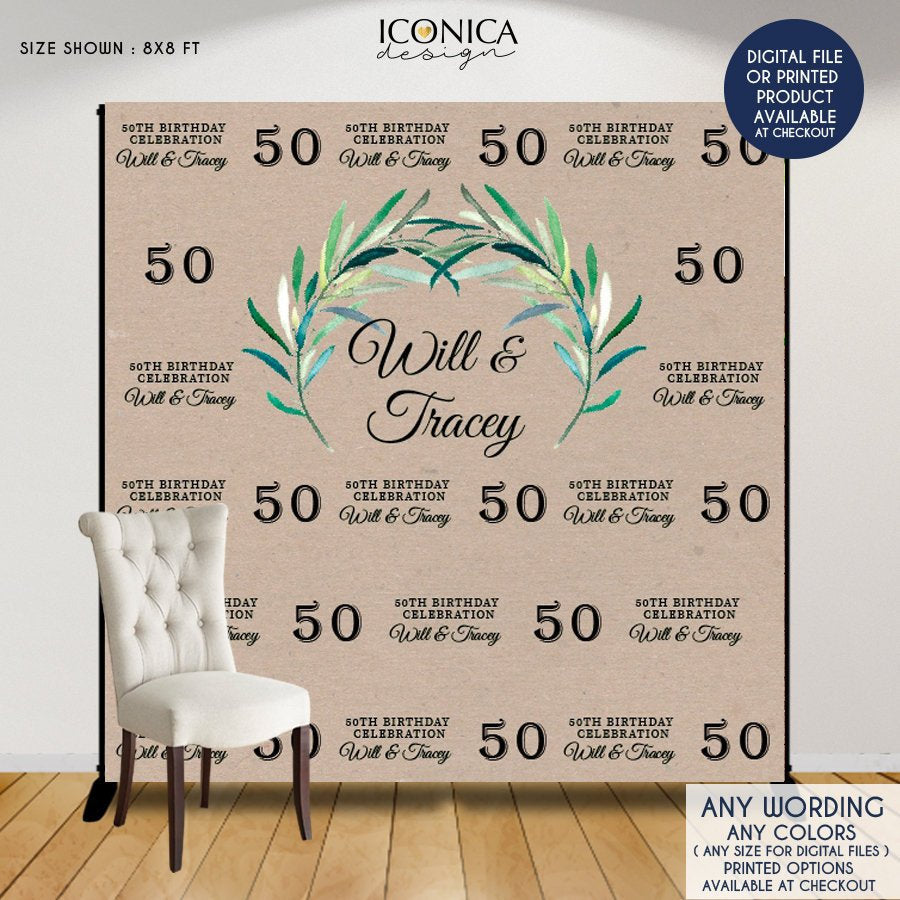 Rustic Birthday Decor, 50th Birthday Backdrop, Greenery and Kraft, Milestone Birthday Backdrop , Step And Repeat Backdrop, any event, Printed