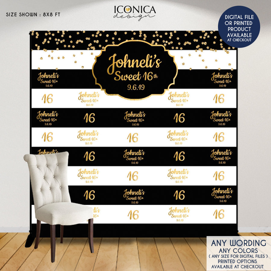 Sweet Sixteen Party Backdrop, Sweet 16 Photo Booth Backdrop any age, Faux Gold Step and Repeat Backdrop, Printed