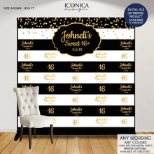 Load image into Gallery viewer, Sweet Sixteen Party Backdrop, Sweet 16 Photo Booth Backdrop any age, Faux Gold Step and Repeat Backdrop, Printed
