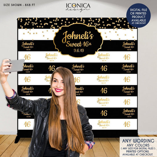 Sweet Sixteen Party Backdrop, Sweet 16 Photo Booth Backdrop any age, Faux Gold Step and Repeat Backdrop, Printed