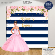 Load image into Gallery viewer, Navy and Pink Quinceanera Backdrop, Any Age, Gold Confetti, Printed Bbd0014

