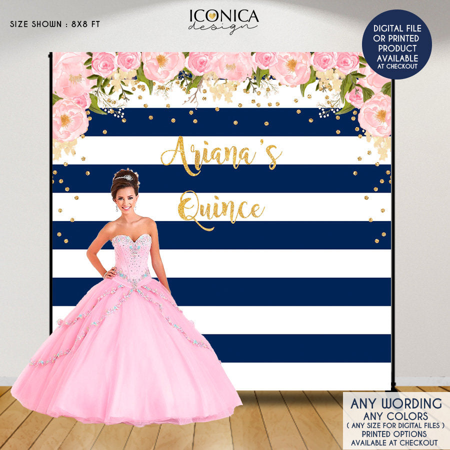 Navy and Pink Quinceanera Backdrop, Any Age, Gold Confetti, Printed Bbd0014